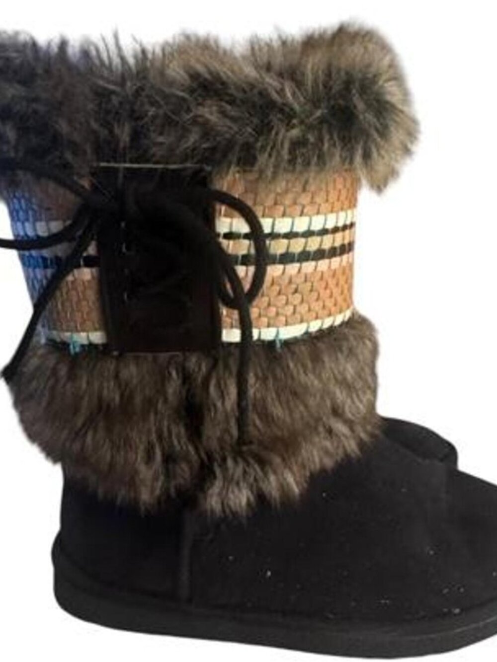 Black Faux Suede & Faux Fur Mukluk Winter Boots Basket Weave Cuff Women’s Size 7